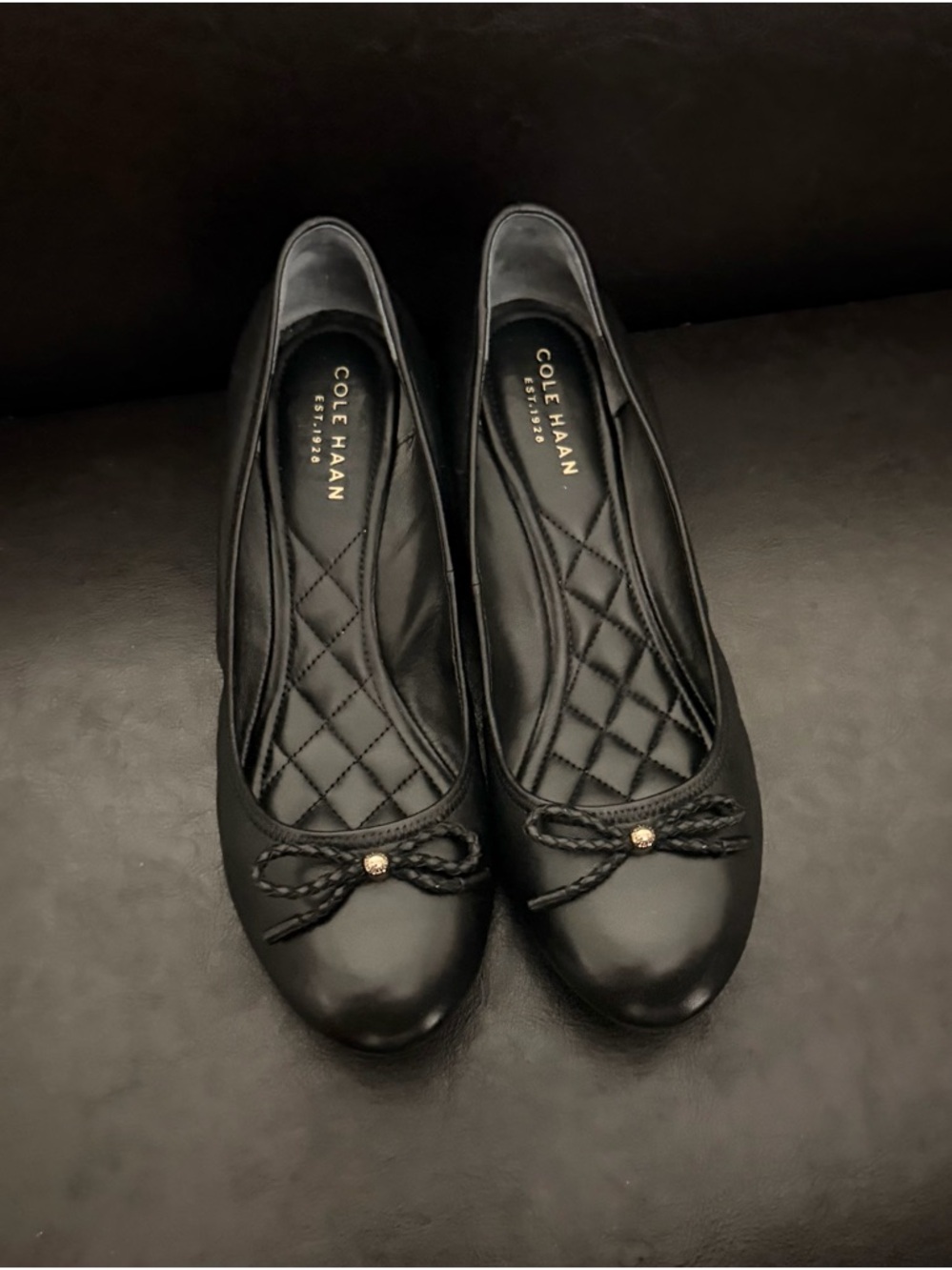 Cole Haan Black Quilted Leather Ballet Flats with Bow